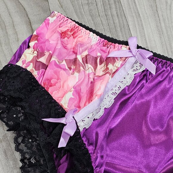 Purple Satin Brief Panties with Lace Trim by Space Kitten Boutique, Size 1X - Picture 3 of 5